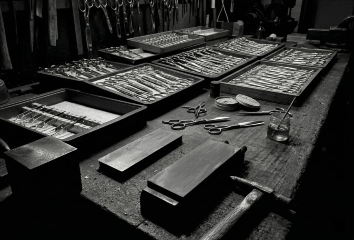 東京ワークショップの整然としたシザーと砥石のディスプレイ