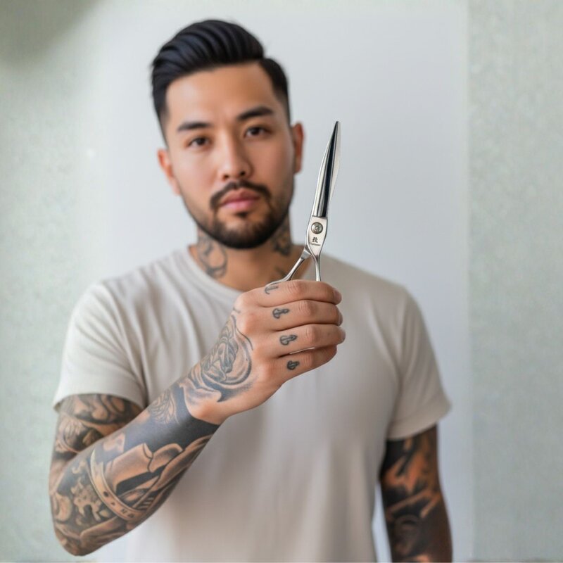 イチロー シルバー カッティング シザーを持つタトゥーのあるバーバー